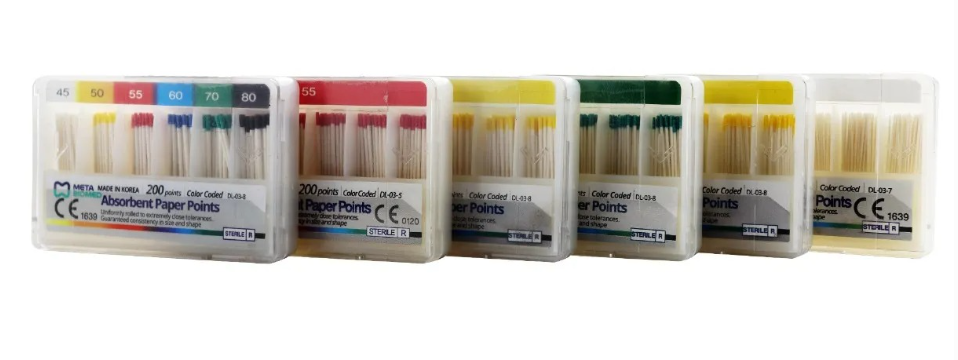 Meta Biomed absorbent paper points .02 taper sizes 45 to 80 box of 200 points for root canal drying