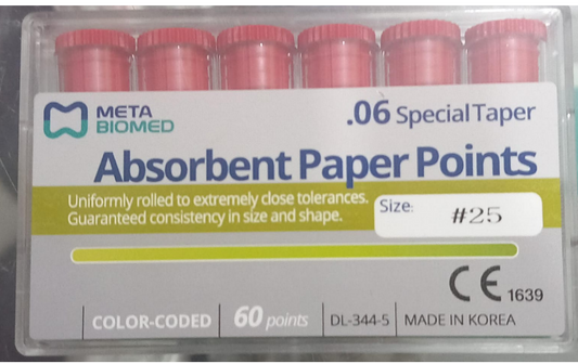 Meta Biomed absorbent paper points special taper 6 percent assorted sizes for drying root canals prepared with 0.06 taper