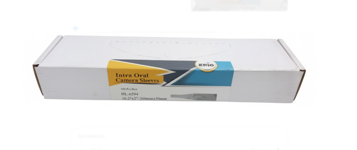 Box of 500 EPIC disposable intraoral camera sleeves for dental infection control.