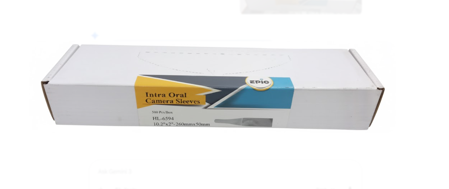 Box of 500 EPIC disposable intraoral camera sleeves for dental infection control.