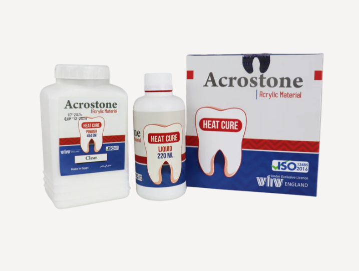 Acrostone Heat-Cure Acrylic Powder and Liquid kit for dental laboratory use.