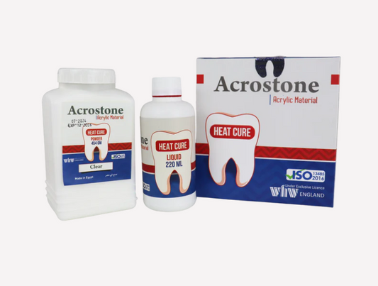 Acrostone Heat-Cure Acrylic Powder and Liquid kit for dental laboratory use.