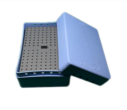 Rotex large dental bur holder box with perforated tray for organizing and sterilizing dental burs