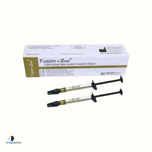 Prevest Fusion I-Seal light-cured glass ionomer cement kit with two 2 g syringes and 10 applicator tips