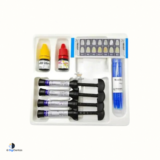 Prevest Magma NT Nano Ceramic Composite Kit with four 4 g syringes in shades A1, A2, A3 and B2, Fusion Bond 7 and Fusion Nano Coat