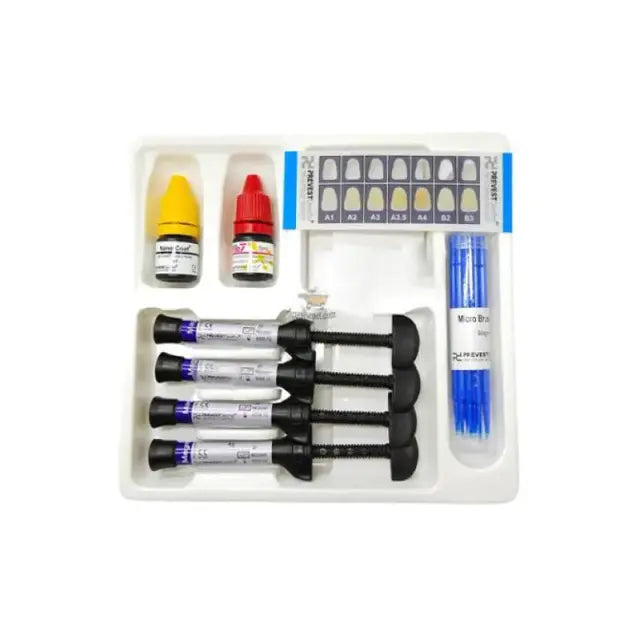 Prevest Magma NT Nano Ceramic Composite Kit with four 4 g syringes in shades A1, A2, A3 and B2, Fusion Bond 7 and Fusion Nano Coat