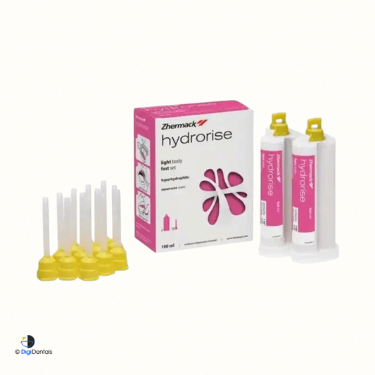 Zhermack Hydrorise Light Body Fast Set silicone dental impression material, 2 × 50 ml cartridges with application tips