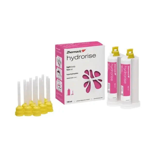 Zhermack Hydrorise Light Body Fast Set silicone dental impression material, 2 × 50 ml cartridges with application tips