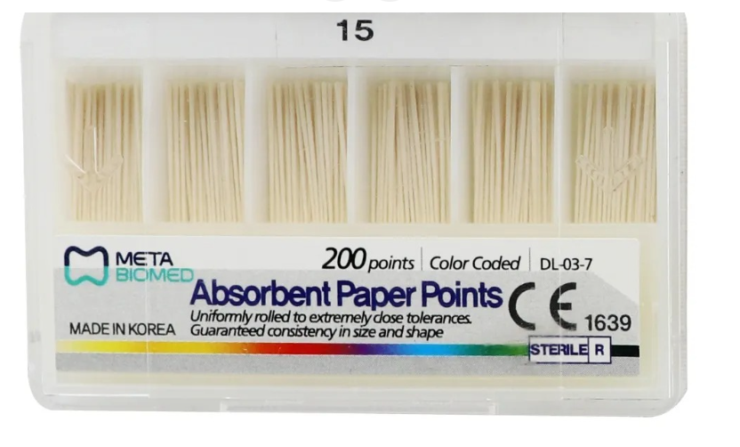 Pack of Meta Biomed absorbent paper points with visible branding and product details.