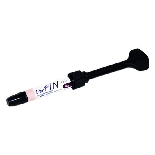 Dental filling material syringe with 'Denfil' branding on a white background