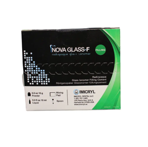 Nova Glass-F radiopaque glass ionomer filling cement kit with powder bottle liquid dropper and mixing accessories
