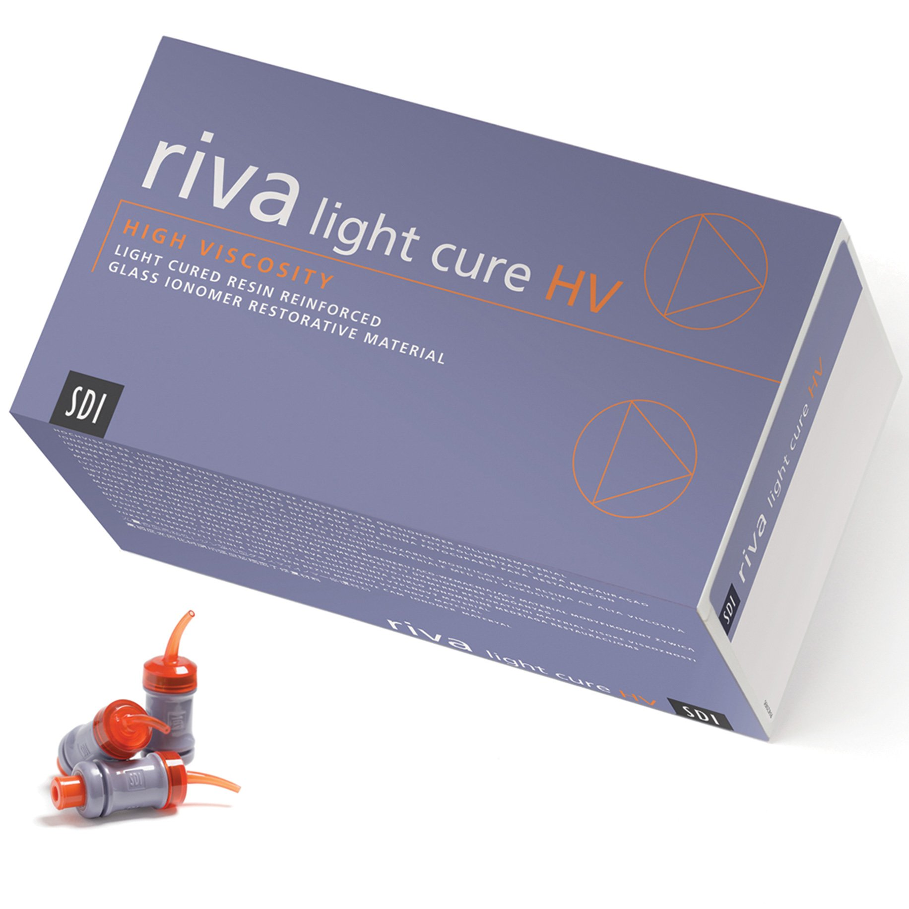 Box of riva light cure HV dental material with two syringes on a white background