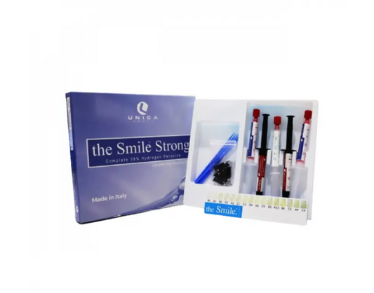 The Smile Strong 38% hydrogen peroxide in-office dental bleaching kit with syringes and accessories
