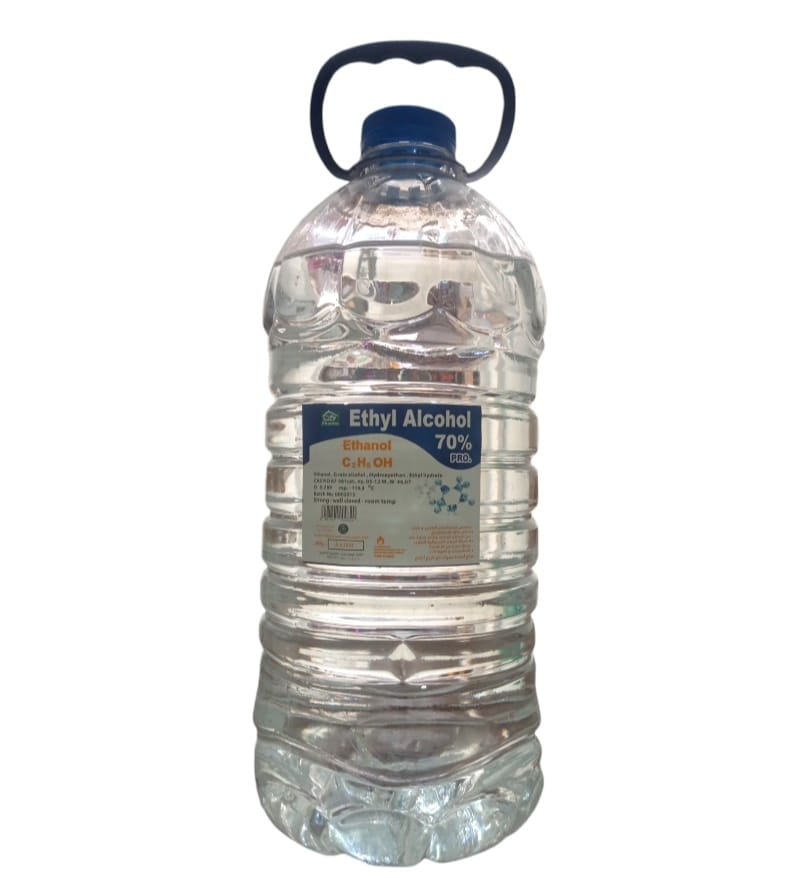 5 Liter jerrycan of 70% Ethyl Alcohol Antiseptic Solution with handle for clinical use.