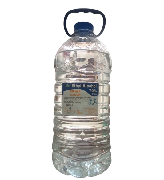 5 Liter jerrycan of 70% Ethyl Alcohol Antiseptic Solution with handle for clinical use.