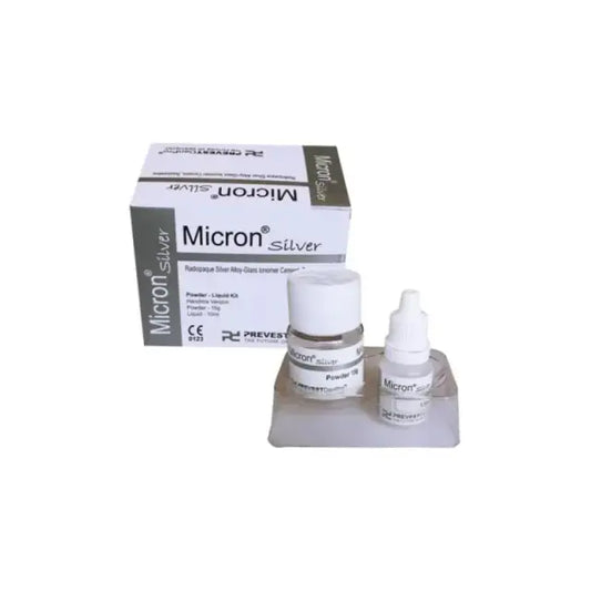 Prevest Micron Silver radiopaque silver alloy glass ionomer cement powder and liquid kit with mixing pad and plastic spoon