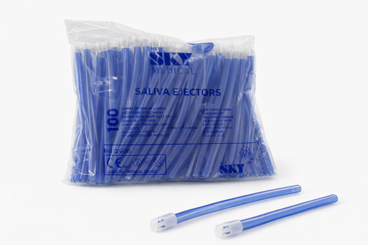 Pack of 100 flexible disposable dental saliva ejectors with copper wire reinforcement.