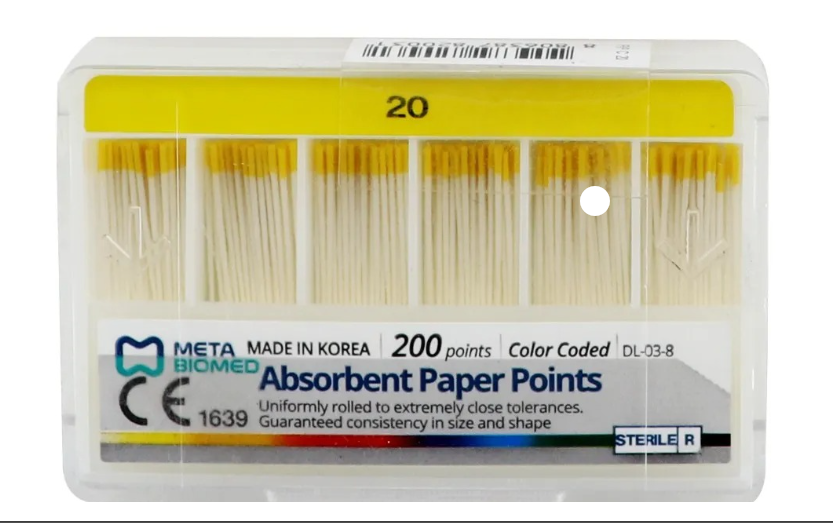 Pack of Meta Biomed absorbent paper points with a yellow label and white background