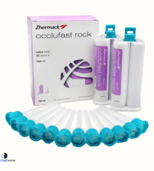 Zhermack Occlufast Rock A-silicone bite registration kit with two 50 ml cartridges and 12 green dispensing tips