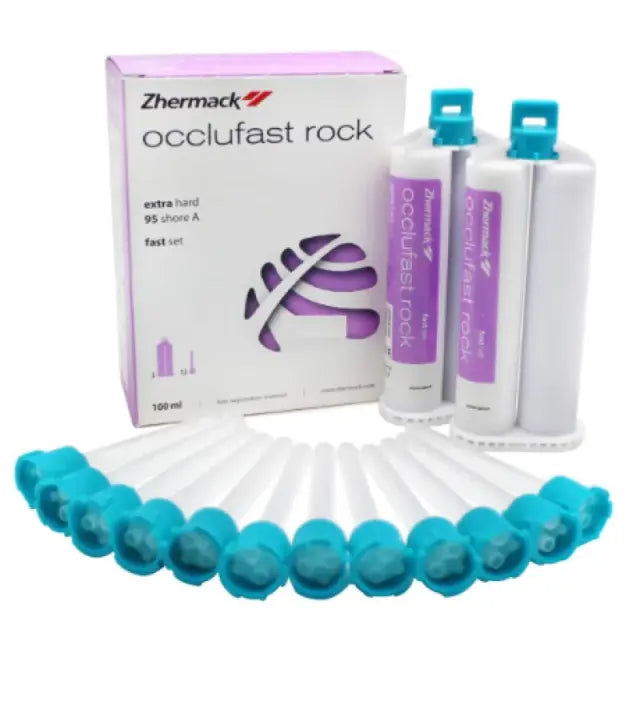 Zhermack Occlufast Rock A-silicone bite registration kit with two 50 ml cartridges and 12 green dispensing tips