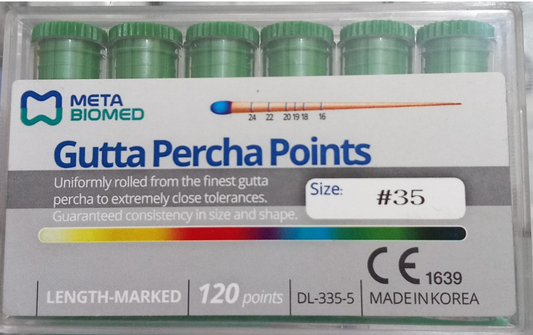 MetaBiomed gutta percha points .02 taper assorted ISO sizes box of 120 points for root canal obturation