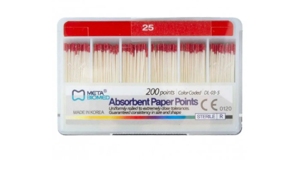 Meta Biomed absorbent paper points .02 taper assorted ISO sizes box of 200 points for root canal drying
