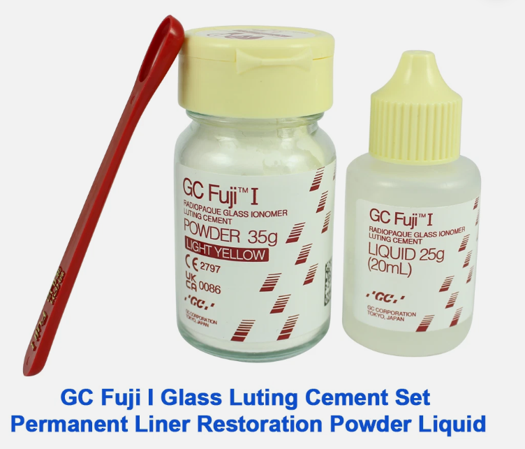 GC Fuji I glass ionomer luting cement powder and liquid set with applicator for permanent dental cementation