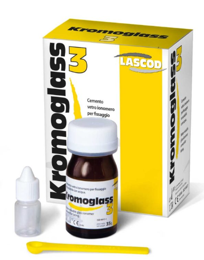 Lascod Kromoglass glass ionomer cement kit with powder bottle liquid dropper and spatula