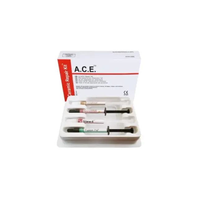 Prevest ACE Ceramic Repair Kit with CeraEtch, Silane-X, Fusion Flo Opaque, Renew Universal and applicator tips