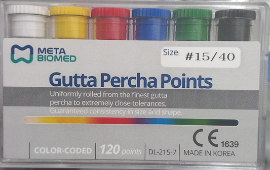 Meta Biomed gutta percha points size 40 length 15 mm box of 120 points for root canal obturation