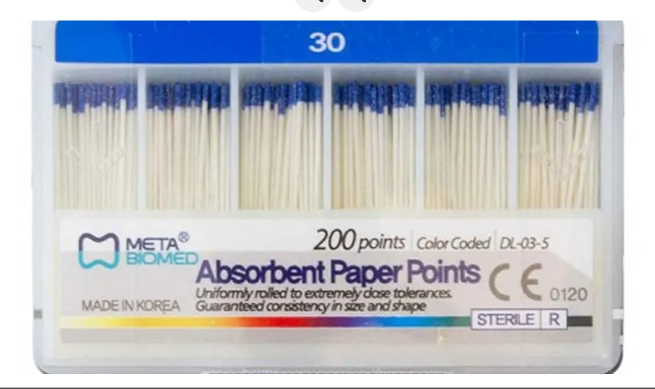 Pack of Meta Biomed absorbent paper points with packaging details.
