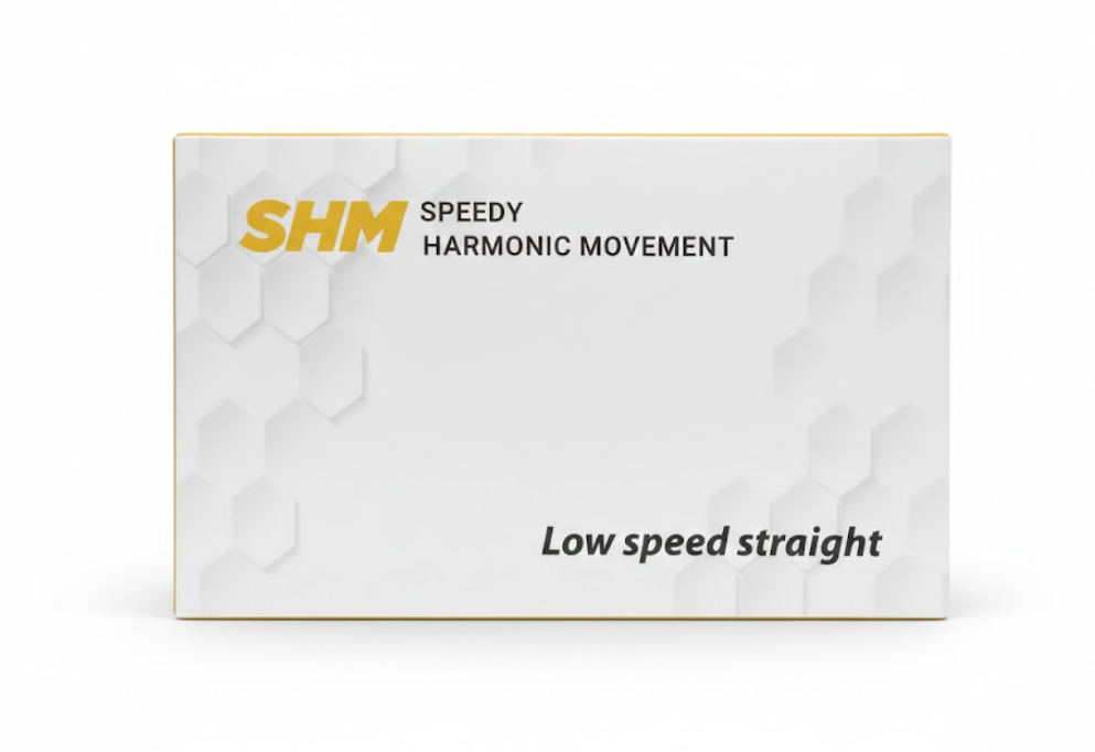 SHM low-speed contra-angle handpiece with E-type connection for dental polishing and caries removal.