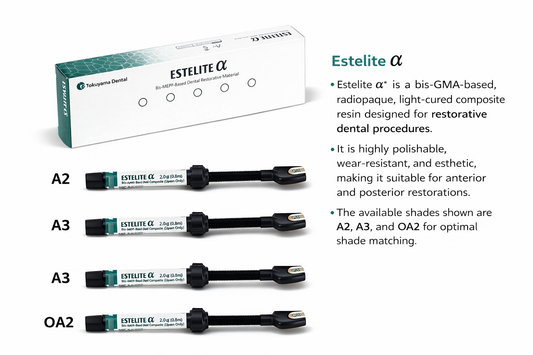 Estelite alpha dental composite resin packaging with syringes on a white background