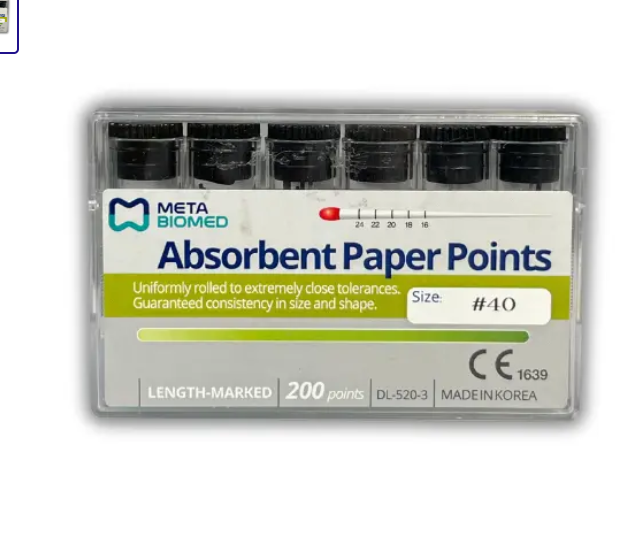 Meta Biomed absorbent paper points .02 taper assorted ISO sizes box of 200 points for root canal drying