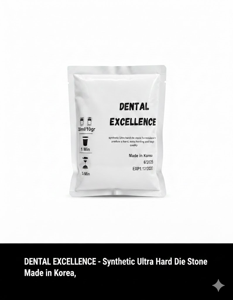 White packaging of 'Dental Excellence' synthetic ultra hard die stone on a white background
