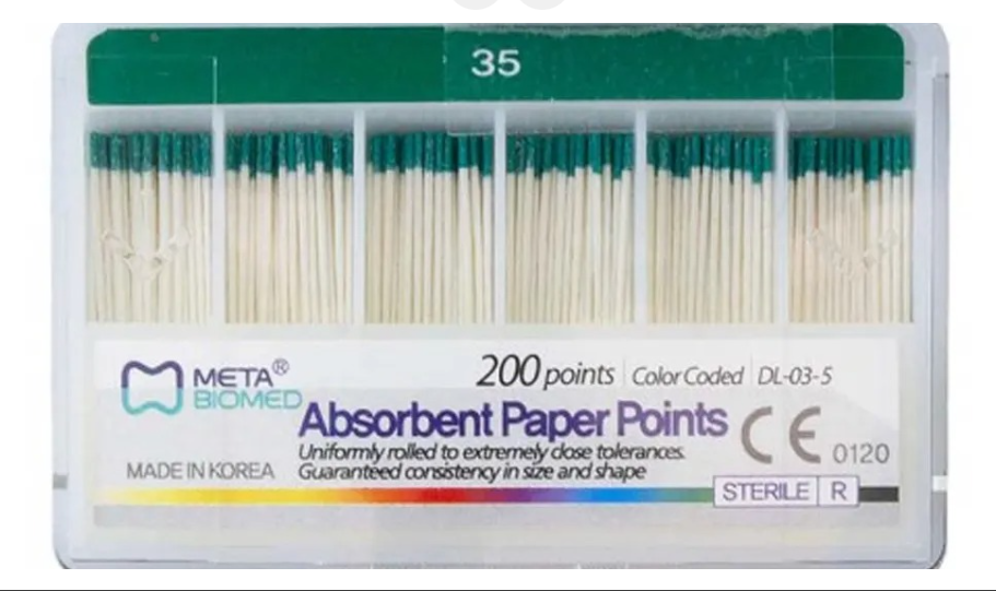 Meta Biomed absorbent paper points .02 taper assorted ISO sizes box of 200 points for root canal drying