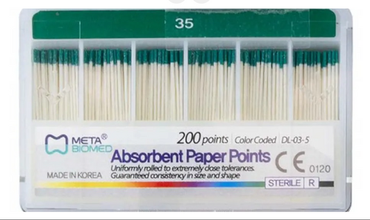 Meta Biomed absorbent paper points .02 taper assorted ISO sizes box of 200 points for root canal drying