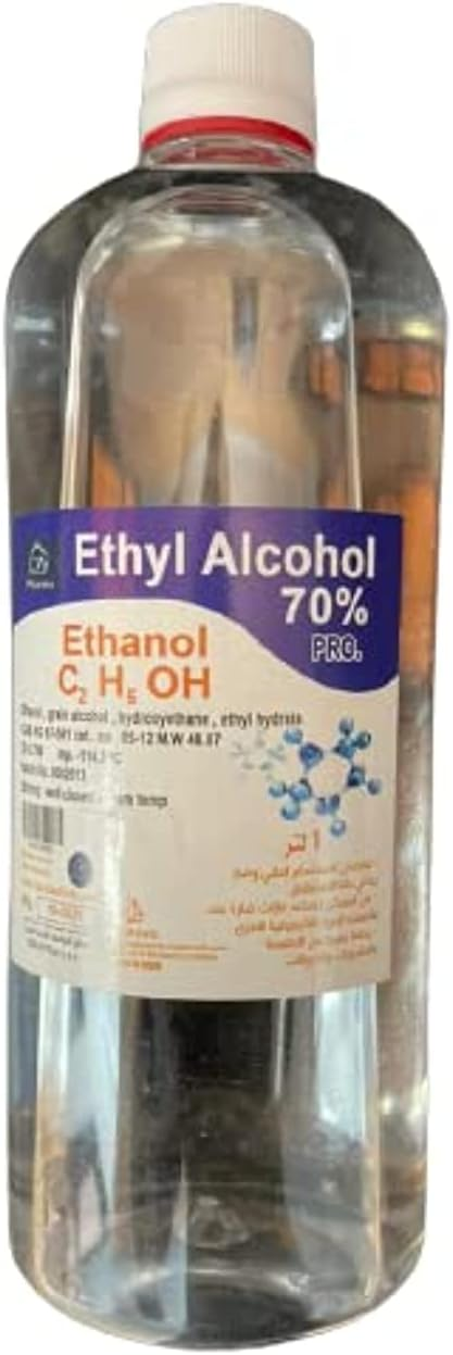 1 Liter bottle of 70% Ethyl Alcohol Antiseptic Solution for medical and clinical use.