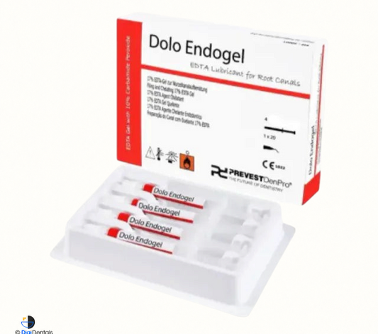 Prevest Dolo Endo Gel Pack with 4 syringes of 1.5 g, containing 17% EDTA and 10% carbamide peroxide, with 20 applicator tips