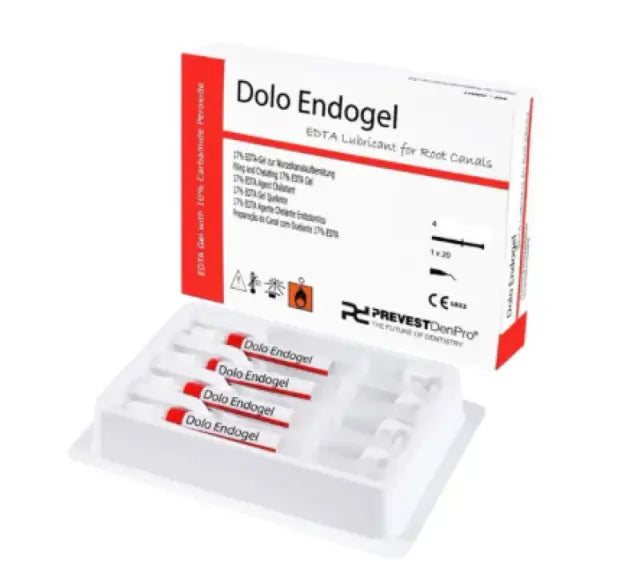 Prevest Dolo Endo Gel Pack with 4 syringes of 1.5 g, containing 17% EDTA and 10% carbamide peroxide, with 20 applicator tips