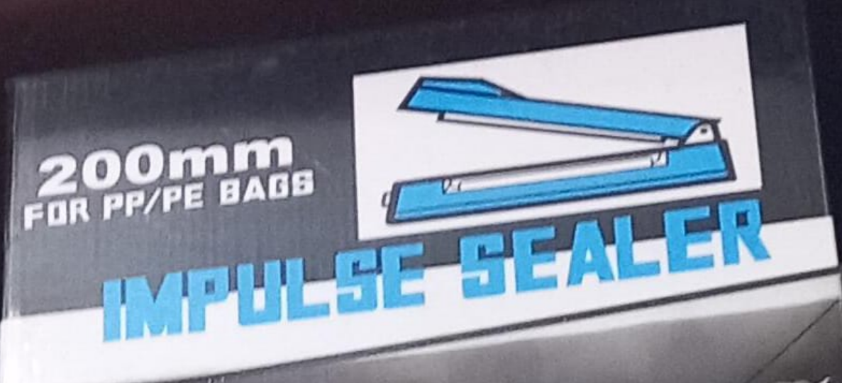 Impulse sealer packaging with branding and product details.