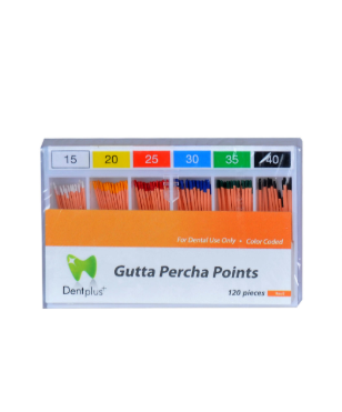 DentPlus gutta percha points .02 taper sizes 15 to 40 box of 120 points for root canal obturation