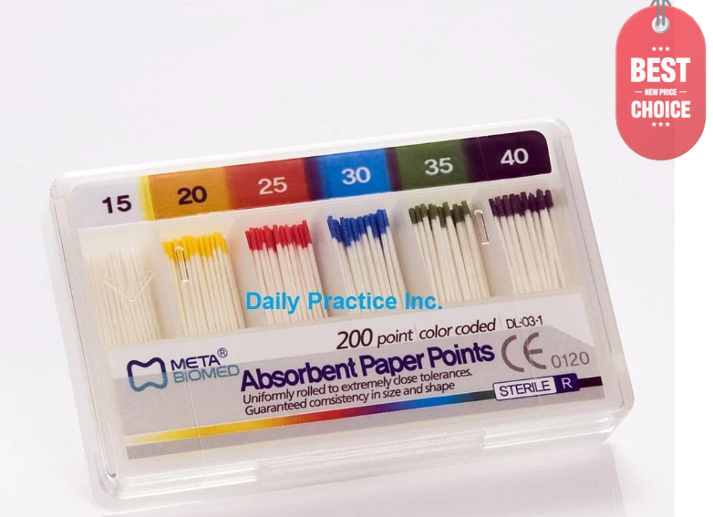 Meta Biomed absorbent paper points .02 taper sizes 15 to 40 box of 200 points for root canal drying