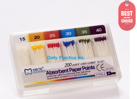 Meta Biomed absorbent paper points .02 taper sizes 15 to 40 box of 200 points for root canal drying
