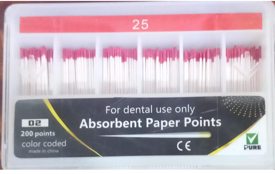 Pack of dental absorbent paper points with packaging indicating 'For dental use only'.