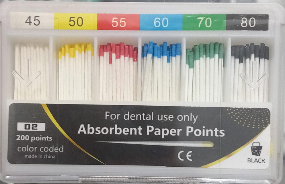 Absorbent paper points sizes 45 to 80 box of 200 points for drying wide root canals