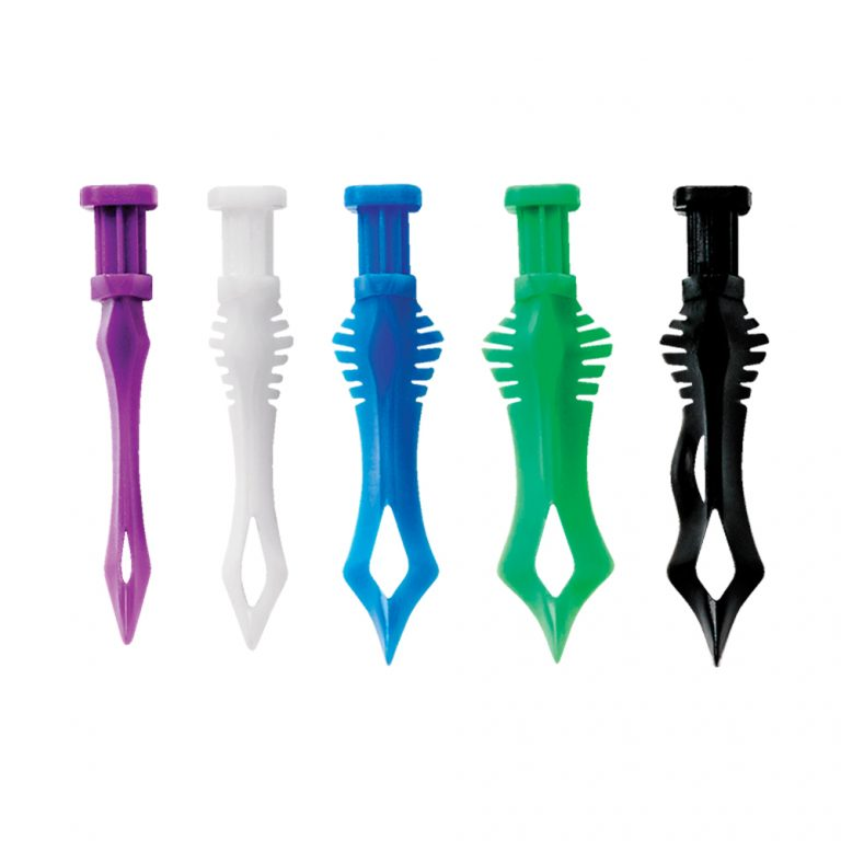 Set of five colorful plastic tools on a white background