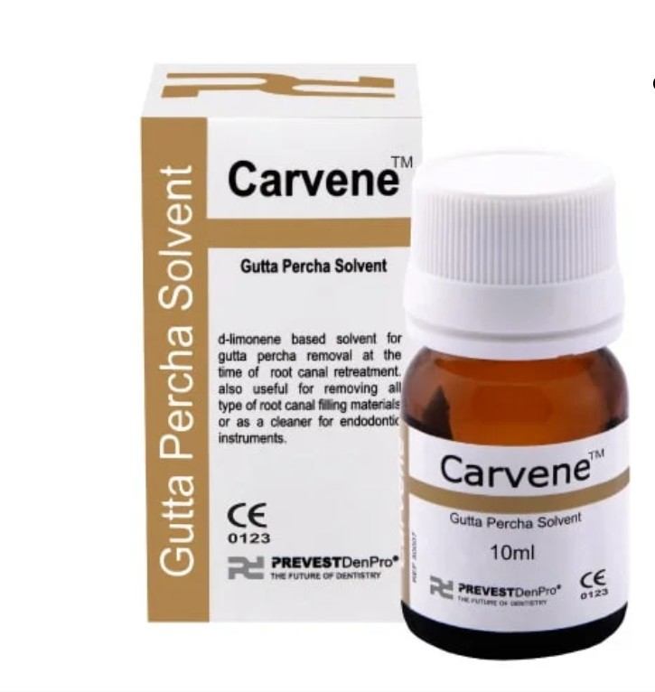 10ml amber glass bottle of Prevest Carvene Gutta-Percha solvent with a precision dispensing dropper for dental retreatment.