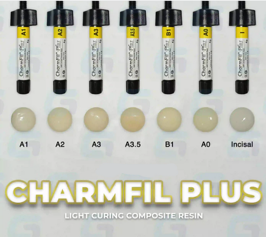 Assortment of Charmfil Plus light curing composite resin tubes with color swatches on a white background.