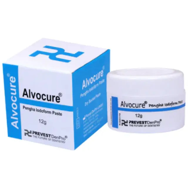 Prevest Alvocure 12 g dry socket treatment dressing jar containing eugenol, butamben, and iodoform